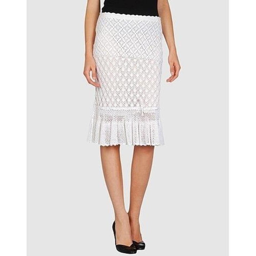 NWt $450 Gai Mattiolo White Crochet Lace Ruffle Hem Skirt Italian Size 46 US 8‎